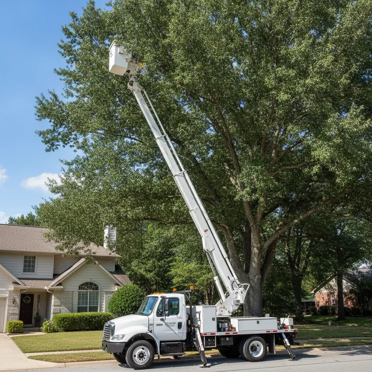 A white bucket truck with the basket raised into a tree canopy beside a house