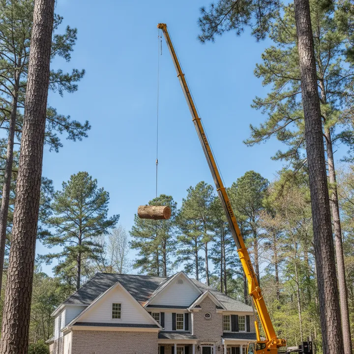 A tree-service crane with a long boom raised beside a tall pine near a home, ready to lift a cut section clear