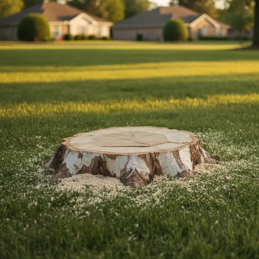 A freshly cut pale tree stump at ground level in a green lawn with sawdust around it