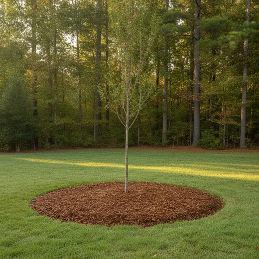 A neat ring of dark wood-chip mulch spread evenly around the base of a young tree on a healthy green lawn