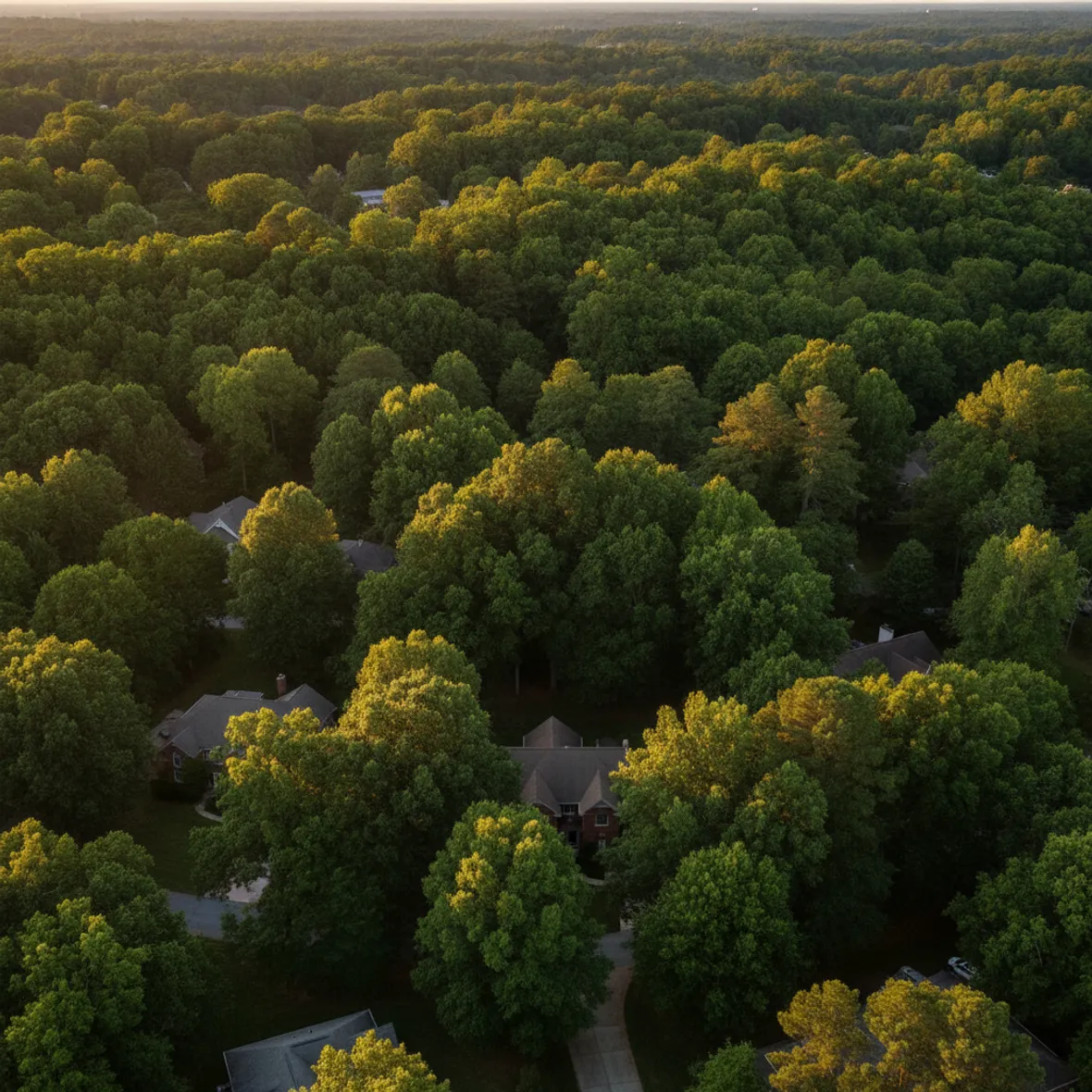 A dense summer tree canopy of oaks and pines over an established Alpharetta-style neighborhood, rooftops just visible through the leaves