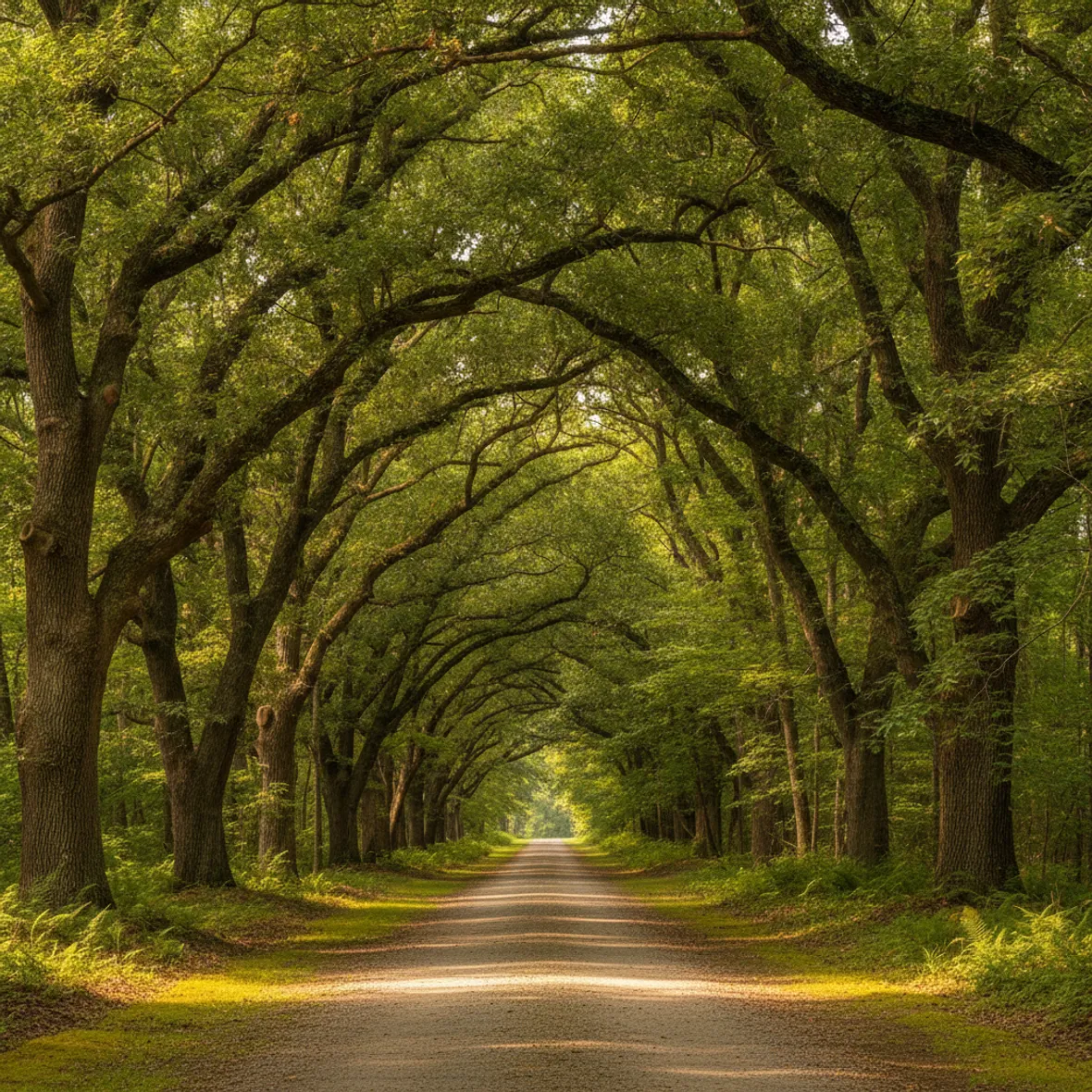 A long tree-lined driveway on a large wooded Milton-style lot, mature hardwoods arching overhead