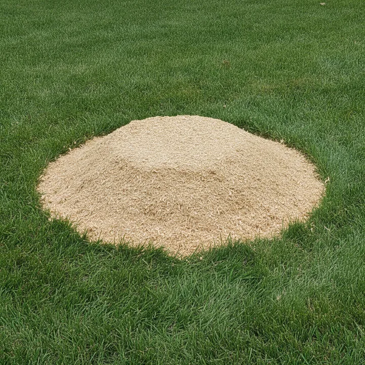 A shallow mound of fresh pale wood-chip grindings filling the spot where a tree stump used to be in a green suburban lawn, raked neatly