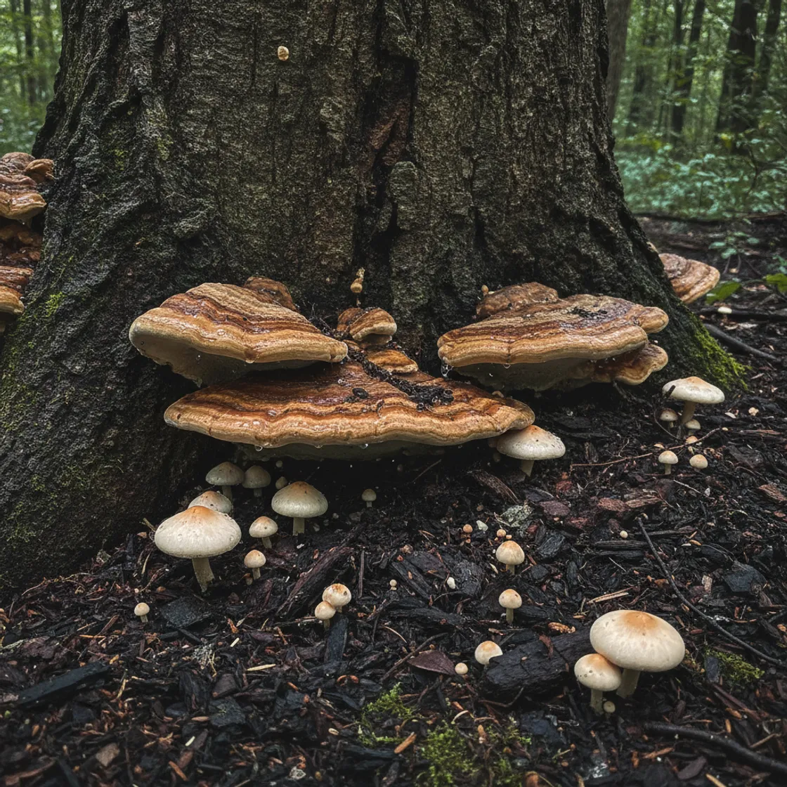 Fungus and decay at the base of a hardwood trunk, a sign of a declining tree